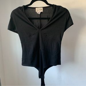 Just found ribbed black bodysuit v neck tee thong straight back